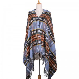 Shawl check fringed blanket scarf with button 100% acrylic